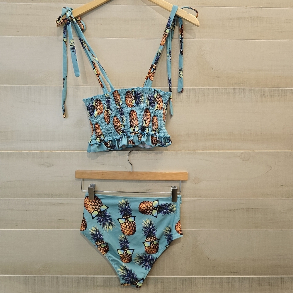 {S} Pineapple With Sunglasses Bikini Smocked Top Teal - Picture 7 of 13